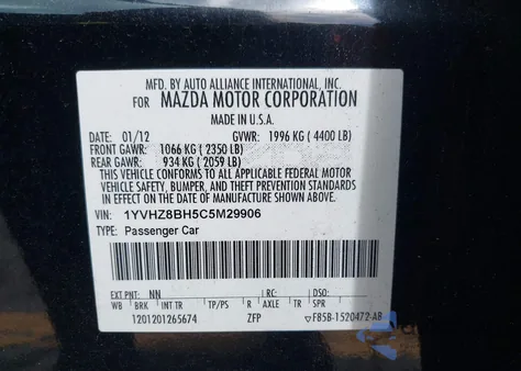 2012 Mazda Mazda6 I Sport z USA, uszkodzony, nr VIN 1YVHZ8BH5C5M29906